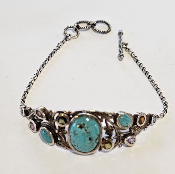 Genuine Bali Turquoise & Tourmaline Bracelet Platinum over 925 - Picture 2 of 6